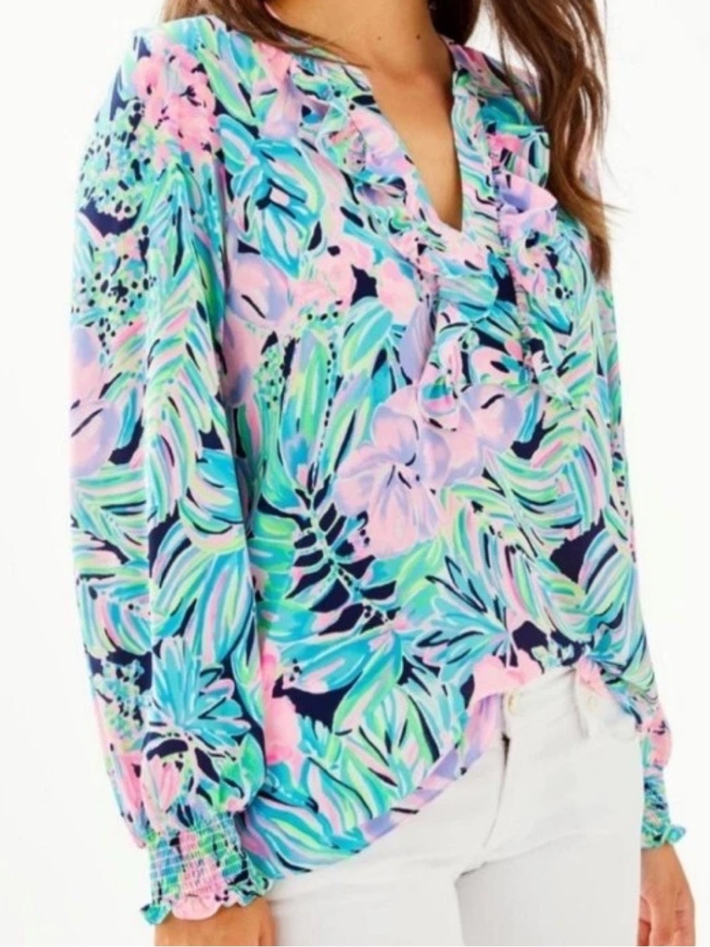 Lilly Pulitzer Angelika Top Ruffles Long Sleeve Multi Bermudaful Size Medium